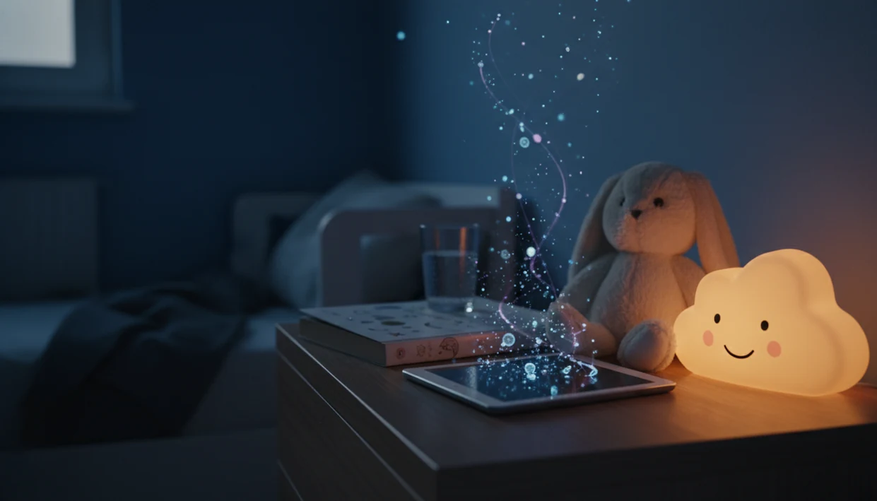 A child’s bedside table with a face-down device and subtle data-like lines rising in the dark.