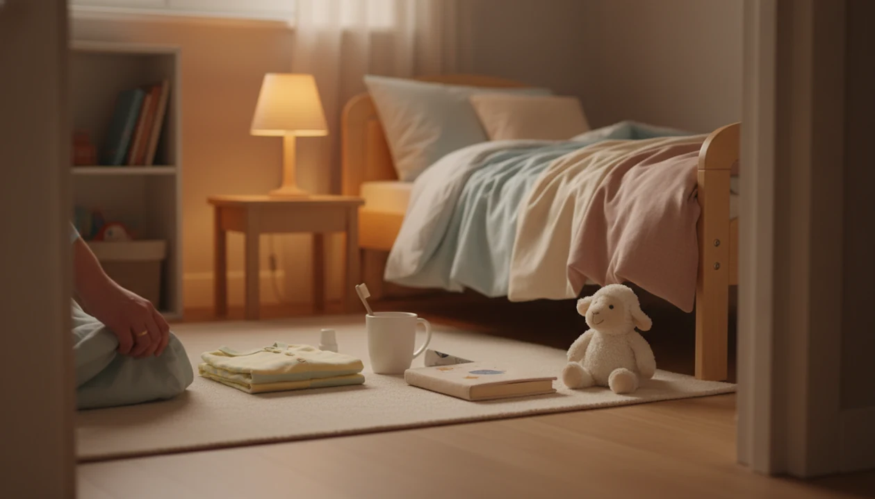 A calm child’s bedroom with pajamas, a book, and a plush toy ready for a bedtime routine.