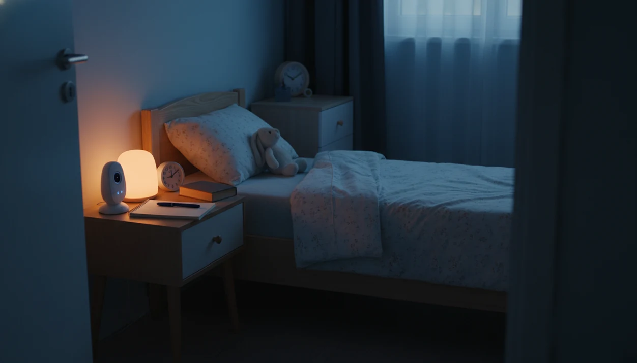 A quiet child’s bedroom shows a nightlight, stuffed rabbit, baby monitor, and blank sleep log by the bed.