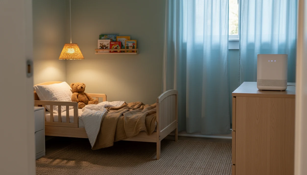 A quiet toddler bedroom shows a sound machine placed on a dresser away from the bed.